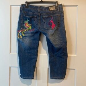 baby phat y2k denim jean capris 3/4 with embroidered butt pockets carnival